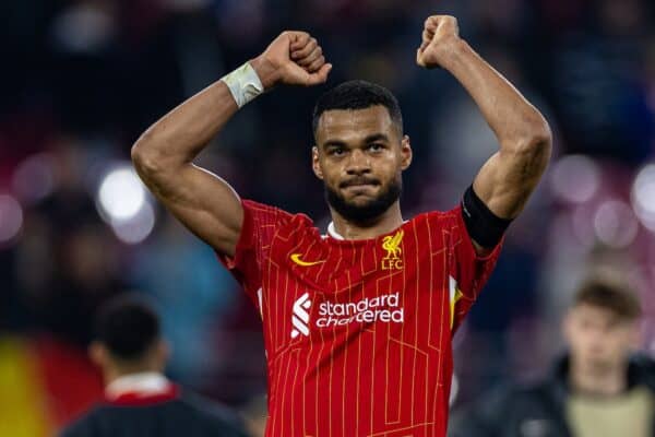 LEIPZIG, GERMANY - Wednesday, October 23, 2024: Liverpool's Cody Gakpo celebrates after the UEFA Champions League Match Day 3 game between RB Leipzig and Liverpool FC at the Red Bull Arena. Liverpool won 1-0. (Photo by David Rawcliffe/Propaganda)