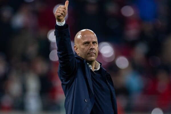 LEIPZIG, GERMANY - Wednesday, October 23, 2024: Liverpool's head coach Arne Slot celebrates after the UEFA Champions League Match Day 3 game between RB Leipzig and Liverpool FC at the Red Bull Arena. Liverpool won 1-0. (Photo by David Rawcliffe/Propaganda)