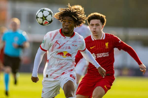 LEIPZIG, GERMANY - Wednesday, October 23, 2024: RB Leipzig's Joyeux Masanka Bungi during the UEFA Youth League Matchday 3 game between RB Leipzig Under-19's and Liverpool FC Under-19's at Stadion am Cottaweg. (Photo by David Rawcliffe/Propaganda)