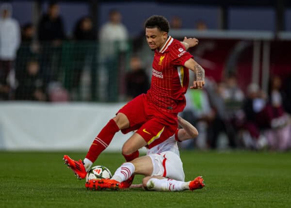 LEIPZIG, GERMANY - Wednesday, October 23, 2024: Liverpool's Ranel Young is hacked down by RB Leipzig's Friedrich Heyer, resulting in a red card, during the UEFA Youth League Matchday 3 game between RB Leipzig Under-19's and Liverpool FC Under-19's at Stadion am Cottaweg. (Photo by David Rawcliffe/Propaganda)