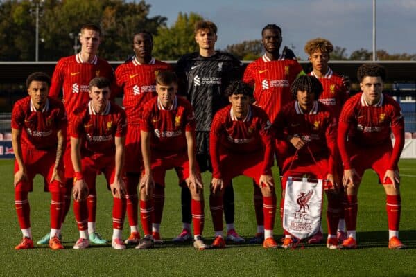 LEIPZIG, GERMANY - Wednesday, October 23, 2024: Liverpool players line-up for a team group photograph before the UEFA Youth League Matchday 3 game between RB Leipzig Under-19's and Liverpool FC Under-19's at Stadion am Cottaweg. (Photo by David Rawcliffe/Propaganda)