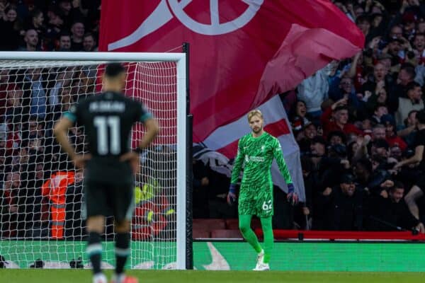 LONDON, ENGLAND - Sunday, October 27, 2024: Liverpool's goalkeeper Caoimhin Kelleher reacts as Arsenal score the opening goal during the FA Premier League match between Arsenal FC and Liverpool FC at the Emirates Stadium. (Photo by David Rawcliffe/Propaganda)