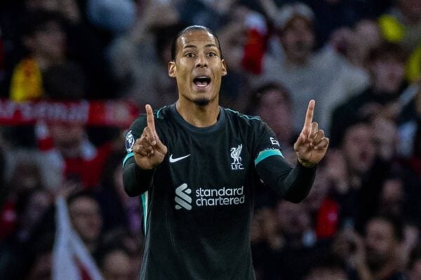 LONDON, ENGLAND - Sunday, October 27, 2024: Liverpool captain Virgil van Dijk reacts as Arsenal score the opening goal during the FA Premier League match between Arsenal FC and Liverpool FC at the Emirates Stadium. (Photo by David Rawcliffe/Propaganda)