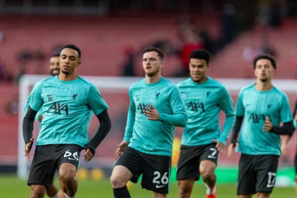 LONDON, ENGLAND - Sunday, October 27, 2024: Liverpool's Trent Alexander-Arnold during the pre-match warm-up before the FA Premier League match between Arsenal FC and Liverpool FC at the Emirates Stadium. (Photo by David Rawcliffe/Propaganda)