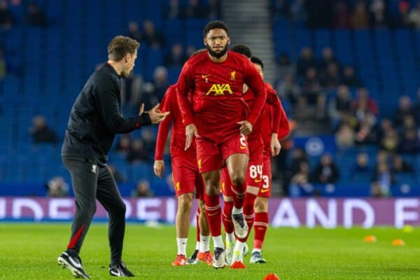 BRIGHTON & HOVE, ENGLAND - Wednesday, October 30, 2024: Liverpool's Joe Gomez during the pre-match warm-up before the Football League Cup 4th Round match between Brighton & Hove Albion FC and Liverpool FC at the AMEX Community Stadium. (Photo by David Rawcliffe/Propaganda)