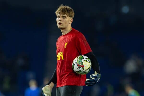 BRIGHTON & HOVE, ENGLAND - Wednesday, October 30, 2024: Liverpool's goalkeeper Kornel Misciur during the pre-match warm-up before the Football League Cup 4th Round match between Brighton & Hove Albion FC and Liverpool FC at the AMEX Community Stadium. (Photo by David Rawcliffe/Propaganda)