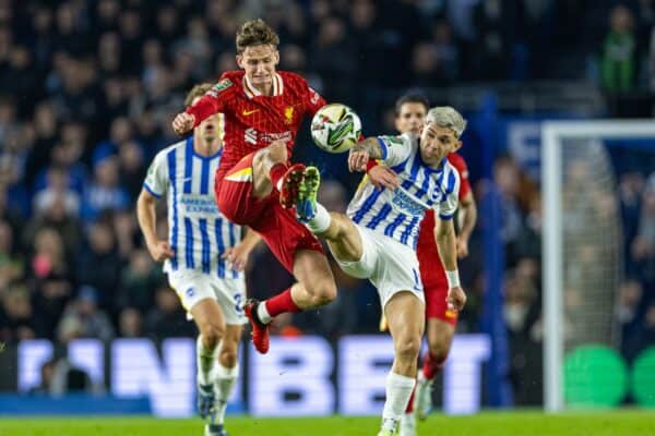 Brighton & Hove, England - Wednesday, October 30, 2024: Liverpool's Tyler Morton (left) wears his Brighton & Hove Albion bra during the Football League Cup fourth round match between Brighton & Hove Albion FC and Liverpool FC at the AMEX Community Stadium. I am being challenged by Jan Gruda. . (Photo: David Rawcliffe/Propaganda)