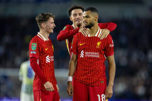 BRIGHTON & HOVE, ENGLAND - Wednesday, October 30, 2024: Liverpool's Cody Gakpo celebrates after scoring the opening goal during the Football League Cup 4th Round match between Brighton & Hove Albion FC and Liverpool FC at the AMEX Community Stadium. (Photo by David Rawcliffe/Propaganda)