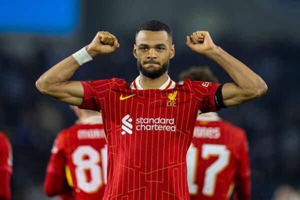 BRIGHTON & HOVE, ENGLAND - Wednesday, October 30, 2024: Liverpool's Cody Gakpo celebrates after scoring the opening goal during the Football League Cup 4th Round match between Brighton & Hove Albion FC and Liverpool FC at the AMEX Community Stadium. (Photo by David Rawcliffe/Propaganda)