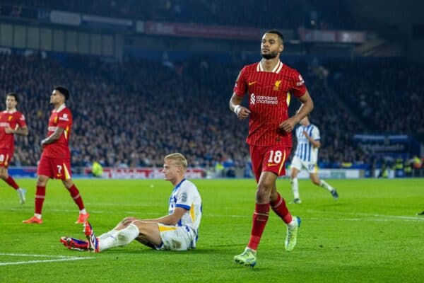 BRIGHTON & HOVE, ENGLAND - Wednesday, October 30, 2024: Liverpool's Cody Gakpo celebrates after scoring the second goal during the Football League Cup 4th Round match between Brighton & Hove Albion FC and Liverpool FC at the AMEX Community Stadium. (Photo by David Rawcliffe/Propaganda)