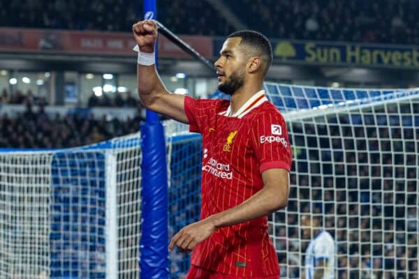 BRIGHTON & HOVE, ENGLAND - Wednesday, October 30, 2024: Liverpool's Cody Gakpo celebrates after scoring the second goal during the Football League Cup 4th Round match between Brighton & Hove Albion FC and Liverpool FC at the AMEX Community Stadium. (Photo by David Rawcliffe/Propaganda)