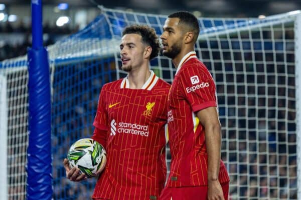 BRIGHTON & HOVE, ENGLAND - Wednesday, October 30, 2024: Liverpool's Cody Gakpo (R) celebrates with team-mate Curtis Jones after scoring the second goal during the Football League Cup 4th Round match between Brighton & Hove Albion FC and Liverpool FC at the AMEX Community Stadium. (Photo by David Rawcliffe/Propaganda)