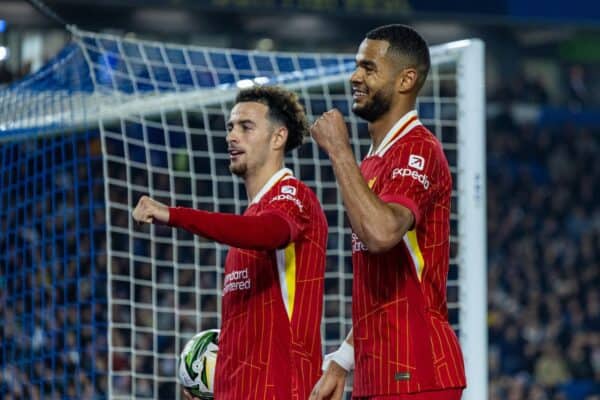 BRIGHTON & HOVE, ENGLAND - Wednesday, October 30, 2024: Liverpool's Cody Gakpo (R) celebrates with team-mate Curtis Jones after scoring the second goal during the Football League Cup 4th Round match between Brighton & Hove Albion FC and Liverpool FC at the AMEX Community Stadium. (Photo by David Rawcliffe/Propaganda)