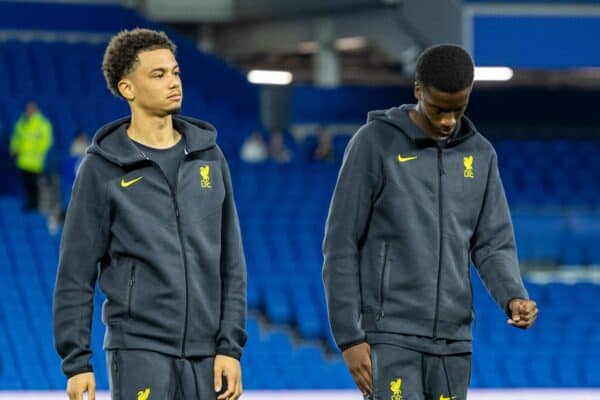 BRIGHTON & HOVE, ENGLAND - Wednesday, October 30, 2024: Liverpool's Ranel Young (L) and Trey Nyoni before the Football League Cup 4th Round match between Brighton & Hove Albion FC and Liverpool FC at the AMEX Community Stadium. (Photo by David Rawcliffe/Propaganda)