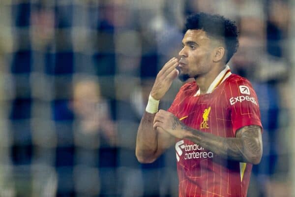 BRIGHTON & HOVE, ENGLAND - Wednesday, October 30, 2024: Liverpool's Luis Díaz celebrates after scoring the third goal during the Football League Cup 4th Round match between Brighton & Hove Albion FC and Liverpool FC at the AMEX Community Stadium. (Photo by David Rawcliffe/Propaganda)