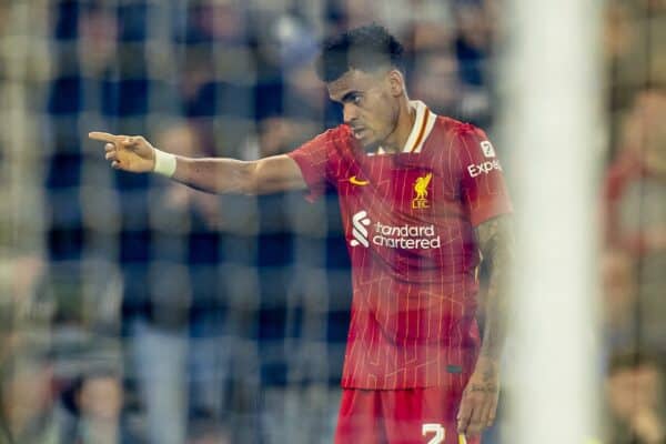 BRIGHTON & HOVE, ENGLAND - Wednesday, October 30, 2024: Liverpool's Luis Díaz celebrates after scoring the third goal during the Football League Cup 4th Round match between Brighton & Hove Albion FC and Liverpool FC at the AMEX Community Stadium. (Photo by David Rawcliffe/Propaganda)