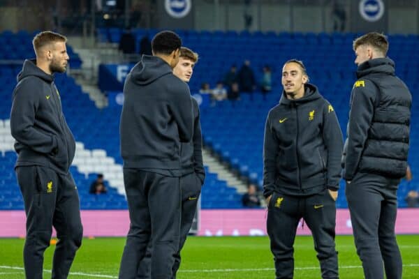 BRIGHTON & HOVE, ENGLAND - Wednesday, October 30, 2024: Liverpool's Kostas Tsimikas and team-mates chat before the Football League Cup 4th Round match between Brighton & Hove Albion FC and Liverpool FC at the AMEX Community Stadium. (Photo by David Rawcliffe/Propaganda)