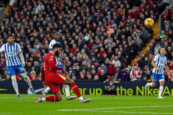 LIVERPOOL, ENGLAND - Saturday, November 2, 2024: Liverpool's Joe Gomez sees his header go wide during the FA Premier League match between Liverpool FC and Brighton & Hove Albion FC at Anfield. (Photo by David Rawcliffe/Propaganda)