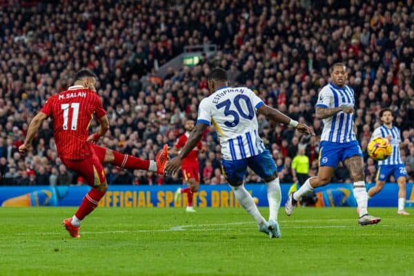 LIVERPOOL, ENGLAND - Saturday, November 2, 2024: Liverpool's Mohamed Salah scores the second goal during the FA Premier League match between Liverpool FC and Brighton & Hove Albion FC at Anfield. (Photo by David Rawcliffe/Propaganda)