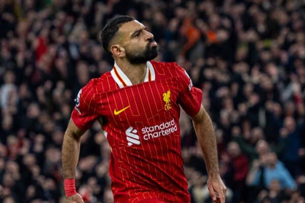 LIVERPOOL, ENGLAND - Saturday, November 2, 2024: Liverpool's Mohamed Salah celebrates after scoring the second goal during the FA Premier League match between Liverpool FC and Brighton & Hove Albion FC at Anfield. (Photo by David Rawcliffe/Propaganda)