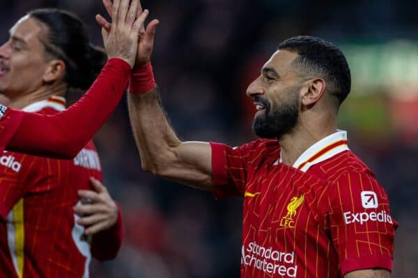 LIVERPOOL, ENGLAND - Saturday, November 2, 2024: Liverpool's Mohamed Salah celebrates after scoring the second goal during the FA Premier League match between Liverpool FC and Brighton & Hove Albion FC at Anfield. (Photo by David Rawcliffe/Propaganda)