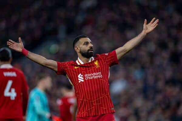 LIVERPOOL, ENGLAND - Saturday, November 2, 2024: Liverpool's Mohamed Salah celebrates after scoring the second goal during the FA Premier League match between Liverpool FC and Brighton & Hove Albion FC at Anfield. (Photo by David Rawcliffe/Propaganda)