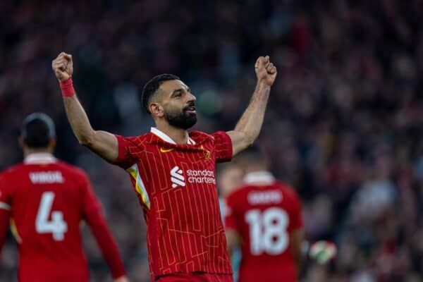 LIVERPOOL, ENGLAND - Saturday, November 2, 2024: Liverpool's Mohamed Salah celebrates after scoring the second goal during the FA Premier League match between Liverpool FC and Brighton & Hove Albion FC at Anfield. (Photo by David Rawcliffe/Propaganda)