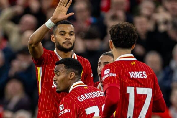 LIVERPOOL, ENGLAND - Saturday, November 2, 2024: Liverpool's Cody Gakpo celebrates after scoring the first equalising goal during the FA Premier League match between Liverpool FC and Brighton & Hove Albion FC at Anfield. (Photo by David Rawcliffe/Propaganda)