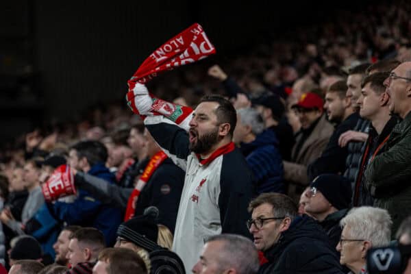 LIVERPOOL, ENGLAND - Saturday, November 2, 2024: A Liverpool supporter celebrates his side's first equalising goal during the FA Premier League match between Liverpool FC and Brighton & Hove Albion FC at Anfield. (Photo by David Rawcliffe/Propaganda)