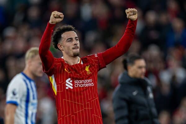 LIVERPOOL, INGHILTERRA - Sabato 2 novembre 2024: Curtis Jones di Liverpool festeggia dopo la partita della fa Premier League tra il Liverpool FC e il Brighton & Hove Albion FC ad Anfield. (Foto di David Rawcliffe/Propaganda)