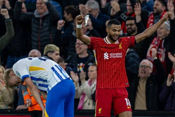 LIVERPOOL, ENGLAND - Saturday, November 2, 2024: Liverpool's Cody Gakpo goal-scorer celebrates at the final whistle during the FA Premier League match between Liverpool FC and Brighton & Hove Albion FC at Anfield. (Photo by David Rawcliffe/Propaganda)