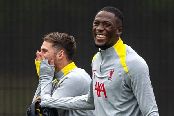 LIVERPOOL, ENGLAND - Monday, November 4, 2024: Liverpool's Alexis Mac Allister (L) and Ibrahima Konaté during a training session at the AXA Training Centre ahead of the UEFA Champions League match between Liverpool FC and Bayer 04 Leverkusen. (Photo by David Rawcliffe/Propaganda)