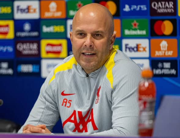 LIVERPOOL, ENGLAND - Monday, November 4, 2024: Liverpool's head coach Arne Slot during a press conference at Anfield ahead of the UEFA Champions League game between Liverpool FC and Bayer 04 Leverkusen. (Photo by David Rawcliffe/Propaganda)