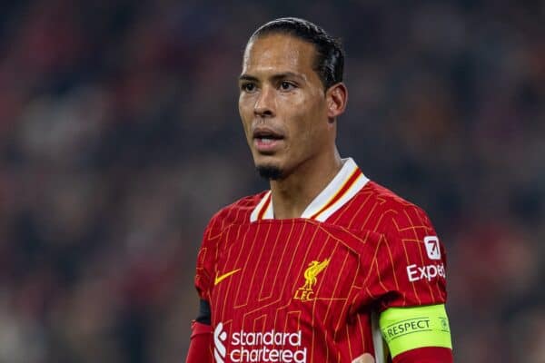 LIVERPOOL, ENGLAND - Tuesday, November 5, 2024: Liverpool's captain Virgil van Dijk during the UEFA Champions League game between Liverpool FC and Bayer Leverkusen at Anfield. (Photo by David Rawcliffe/Propaganda)