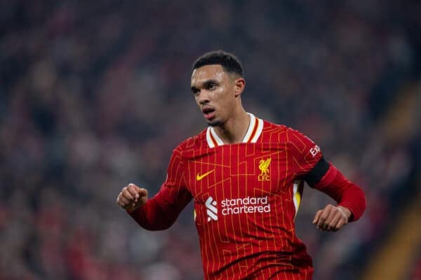 LIVERPOOL, ENGLAND - Wednesday, October 2, 2024: Liverpool's Trent Alexander-Arnold during the UEFA Champions League game between Liverpool FC and Bologna FC 1909 at Anfield. (Photo by David Rawcliffe/Propaganda)