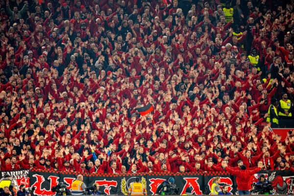 LIVERPOOL, ENGLAND - Wednesday, October 2, 2024: Bayer Leverkusen supporters during the UEFA Champions League game at Anfield. (Photo by David Rawcliffe/Propaganda)