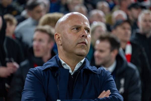 LIVERPOOL, ENGLAND - Wednesday, October 2, 2024: Liverpool's head coach Arne Slot during the UEFA Champions League game between Liverpool FC and Bologna FC 1909 at Anfield. (Photo by David Rawcliffe/Propaganda)