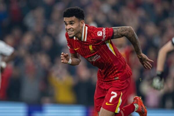 LIVERPOOL, ENGLAND - Wednesday, October 2, 2024: Liverpool's Luis Díaz celebrates after scoring the opening goal during the UEFA Champions League game between Liverpool FC and Bayer Leverkusen at Anfield. (Photo by David Rawcliffe/Propaganda)