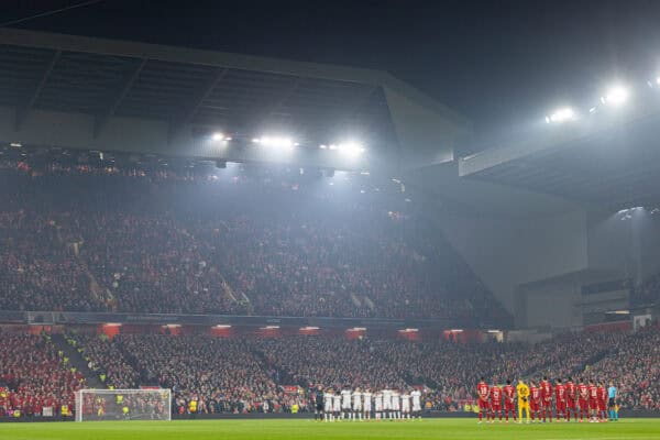 LIVERPOOL, ENGLAND - Tuesday, November 5, 2024: Players stand for a moments' silence to remember the victims of the enviromental disaster in Spain ahead of the UEFA Champions League game between Liverpool FC and Bayer Leverkusen at Anfield. (Photo by David Rawcliffe/Propaganda)