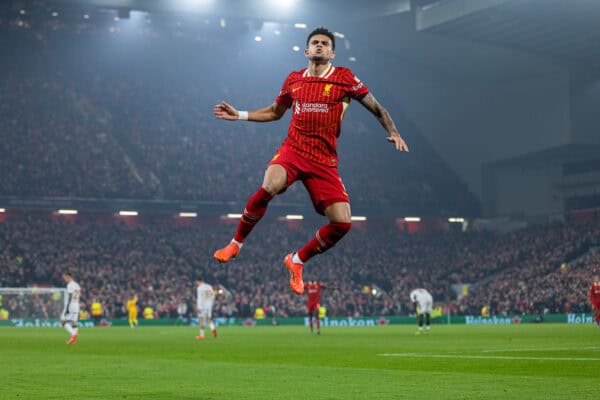 LIVERPOOL, ENGLAND - Wednesday, October 2, 2024: Liverpool's Luis Díaz celebrates after scoring the opening goal during the UEFA Champions League game between Liverpool FC and Bayer Leverkusen at Anfield. (Photo by David Rawcliffe/Propaganda)