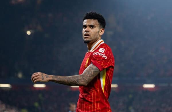 LIVERPOOL, ENGLAND - Wednesday, October 2, 2024: Liverpool's Luis Díaz celebrates after scoring the opening goal during the UEFA Champions League game between Liverpool FC and Bayer Leverkusen at Anfield. (Photo by David Rawcliffe/Propaganda)