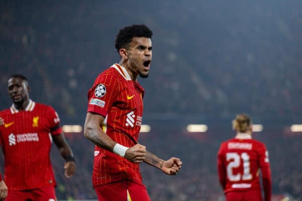 LIVERPOOL, ENGLAND - Wednesday, October 2, 2024: Liverpool's Luis Díaz celebrates after scoring the opening goal during the UEFA Champions League game between Liverpool FC and Bologna FC 1909 at Anfield. (Photo by David Rawcliffe/Propaganda)