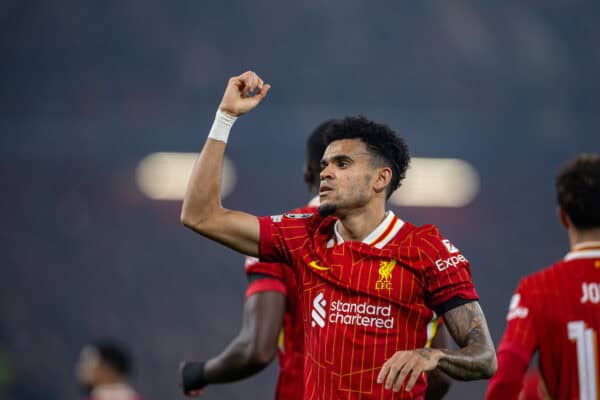 LIVERPOOL, ENGLAND - Wednesday, October 2, 2024: Liverpool's Luis Díaz celebrates after scoring the opening goal during the UEFA Champions League game between Liverpool FC and Bologna FC 1909 at Anfield. (Photo by David Rawcliffe/Propaganda)