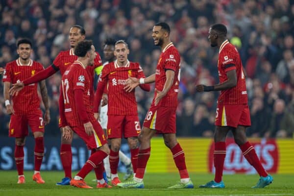 LIVERPOOL, ENGLAND - Wednesday, October 2, 2024: Liverpool's Cody Gakpo celebrates after scoring the second goal during the UEFA Champions League game between Liverpool FC and Bologna FC 1909 at Anfield. (Photo by David Rawcliffe/Propaganda)