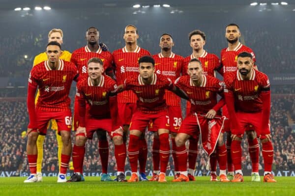 LIVERPOOL, ENGLAND - Wednesday, October 2, 2024: Liverpool's players line-up for a team group photograph before the UEFA Champions League game between Liverpool FC and Bologna FC 1909 at Anfield. (Photo by David Rawcliffe/Propaganda)