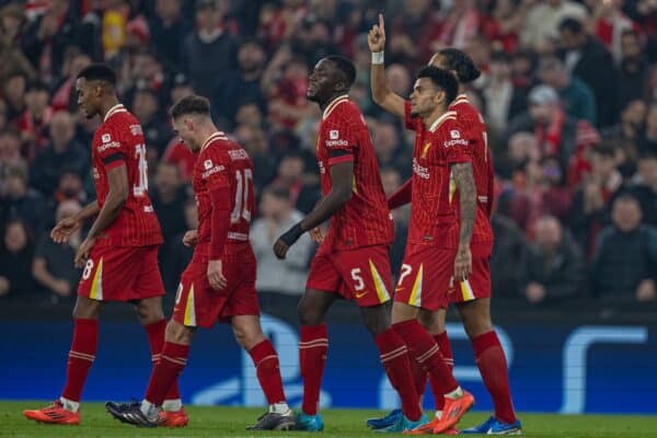 LIVERPOOL, ENGLAND - Tuesday, November 5, 2024: Liverpool's Luis Díaz celebrates after scoring the third goal during the UEFA Champions League game between Liverpool FC and Bayer Leverkusen at Anfield. (Photo by David Rawcliffe/Propaganda)