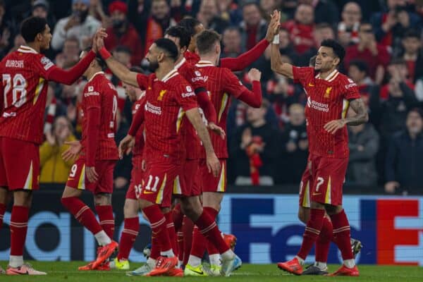 LIVERPOOL, ENGLAND - Tuesday, November 5, 2024: Liverpool's Luis Díaz celebrates after scoring the fourth goal, his hat-trick, during the UEFA Champions League game between Liverpool FC and Bayer Leverkusen at Anfield. (Photo by David Rawcliffe/Propaganda)