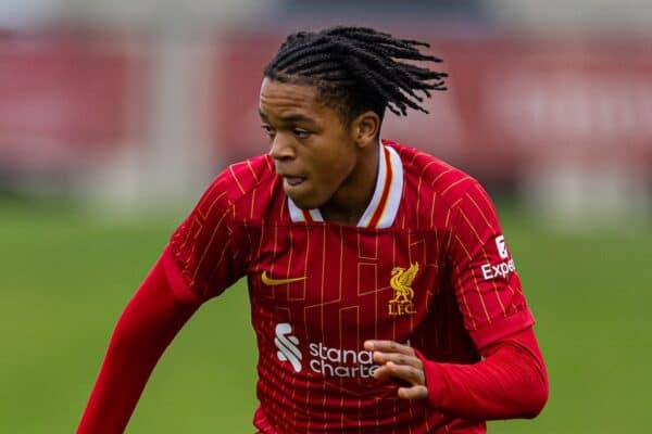 KIRKBY, ENGLAND - Tuesday, November 5, 2024: Liverpool's Rio Ngumoha during the UEFA Youth League game between Liverpool FC Under-19's and Bayer Leverkusen Under-19's at the Liverpool Academy. (Photo by David Rawcliffe/Propaganda)