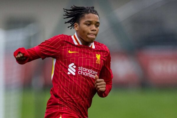 KIRKBY, ENGLAND - Tuesday, November 5, 2024: Liverpool's Rio Ngumoha during the UEFA Youth League game between Liverpool FC Under-19's and Bayer Leverkusen Under-19's at the Liverpool Academy. (Photo by David Rawcliffe/Propaganda)