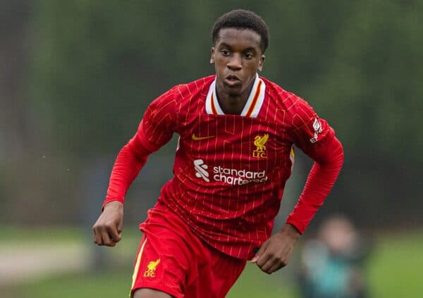 KIRKBY, ENGLAND - Tuesday, November 5, 2024: Liverpool's Trey Nyoni during the UEFA Youth League game between Liverpool FC Under-19's and Bayer Leverkusen Under-19's at the Liverpool Academy. (Photo by David Rawcliffe/Propaganda)